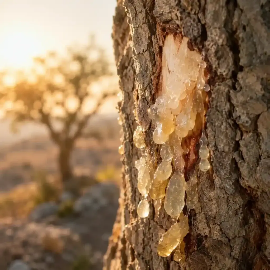 Boswellia exudando resina de incienso después de una incisión en la corteza.