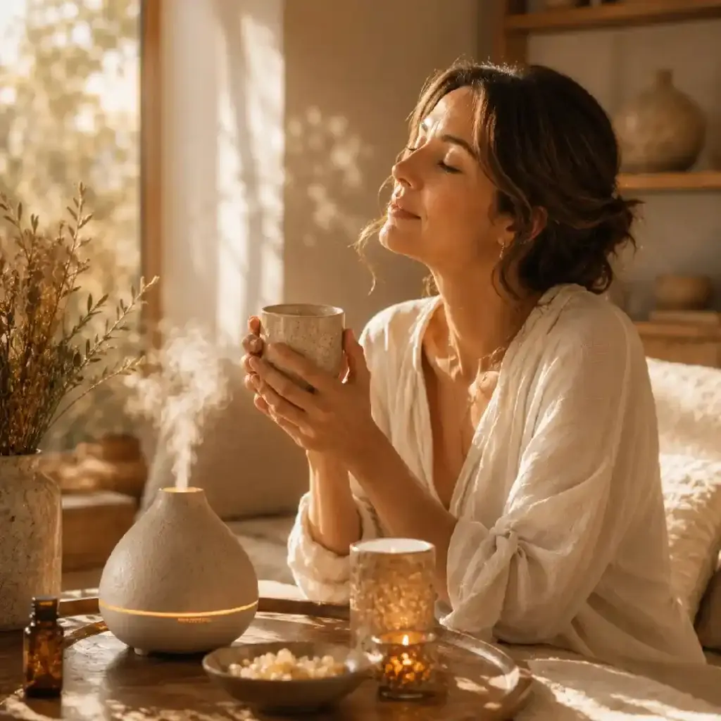 Difusor de aromaterapia durante un ritual consciente de pausa con incienso.