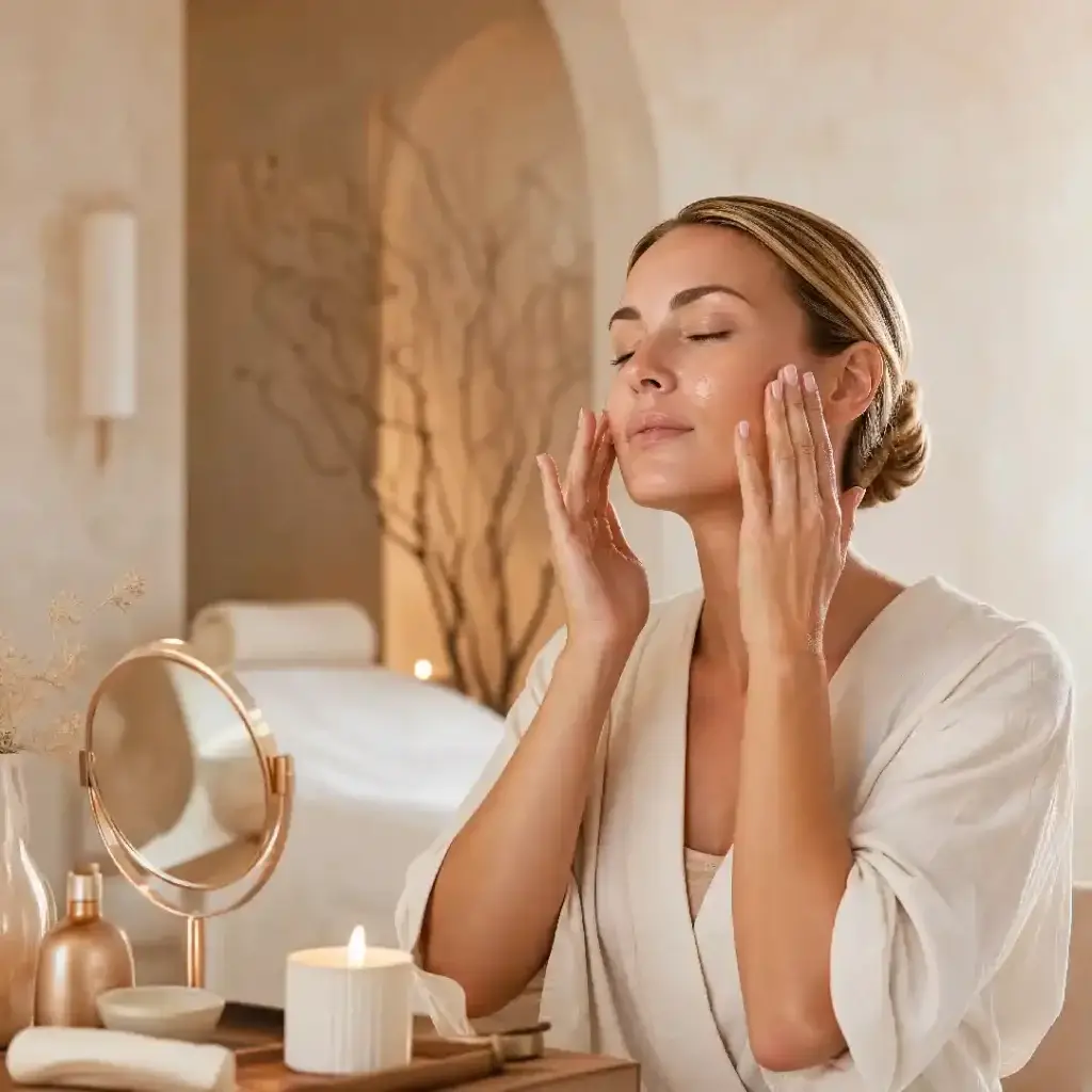 Mujer adulta realizando un masaje facial como práctica de cuidado consciente.