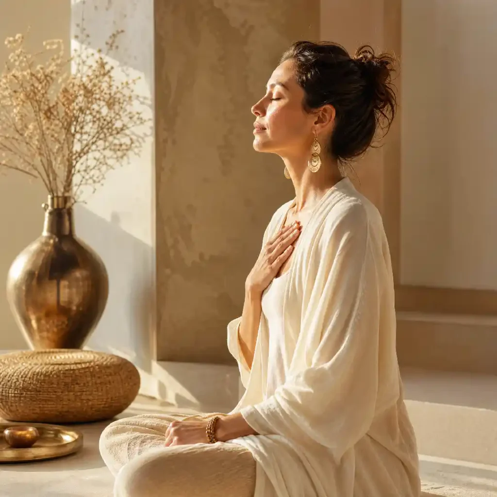 Mujer en pausa consciente y respiración serena.